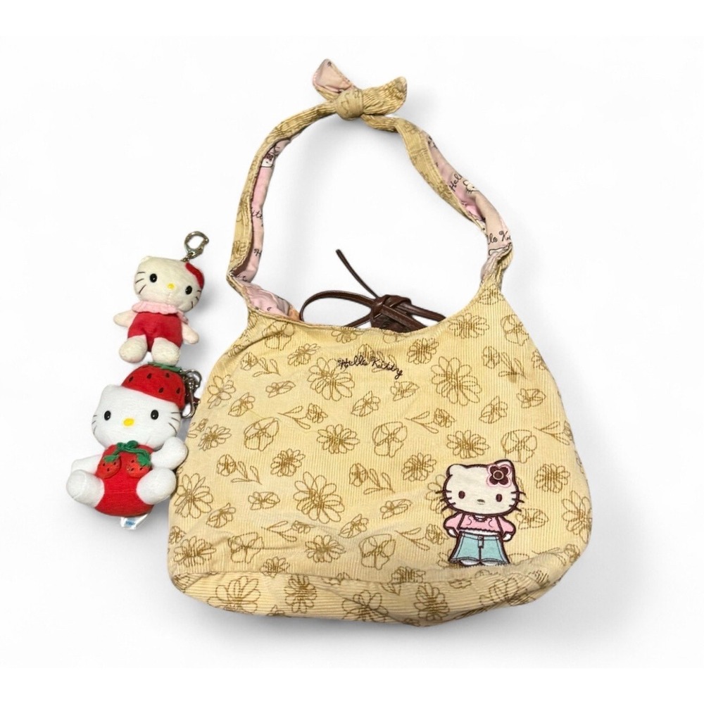 Hello Kitty Corduroy Hobo Shoulder Bag + 2 Sanrio Plush Keychains Y2K 2004